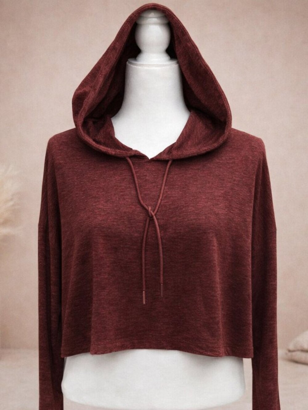 Athleta Heathered Burgundy Cropped Hoodie Long Sleeve Activewear Relaxed Fit